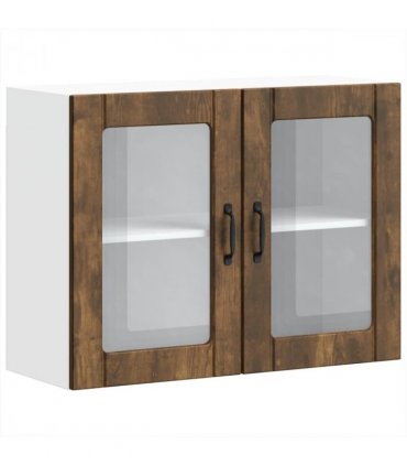 vidaXL Kitchen Wall Cabinet with Glass Door Lucca Smoked Oak Eng — Size: 80 x 31 x 60 cm, Model: 1x wall glass cabinet (2 doors)