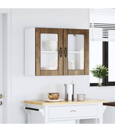 vidaXL Kitchen Wall Cabinet with Glass Door Lucca Smoked Oak Eng — Size: 80 x 31 x 60 cm, Model: 1x wall glass cabinet (2 doors)
