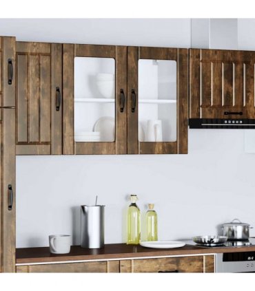 vidaXL Kitchen Wall Cabinet with Glass Door Lucca Smoked Oak Eng — Size: 80 x 31 x 60 cm, Model: 1x wall glass cabinet (2 doors)