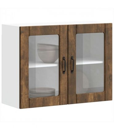 vidaXL Kitchen Wall Cabinet with Glass Door Lucca Smoked Oak Eng — Size: 80 x 31 x 60 cm, Model: 1x wall glass cabinet (2 doors)