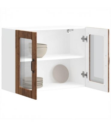 vidaXL Kitchen Wall Cabinet with Glass Door Lucca Old Wood Engin — Size: 80 x 31 x 60 cm, Model: 1x wall glass cabinet (2 doors)