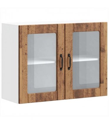 vidaXL Kitchen Wall Cabinet with Glass Door Lucca Old Wood Engin — Size: 80 x 31 x 60 cm, Model: 1x wall glass cabinet (2 doors)