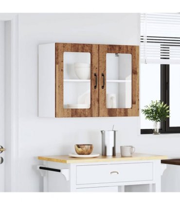 vidaXL Kitchen Wall Cabinet with Glass Door Lucca Old Wood Engin — Size: 80 x 31 x 60 cm, Model: 1x wall glass cabinet (2 doors)