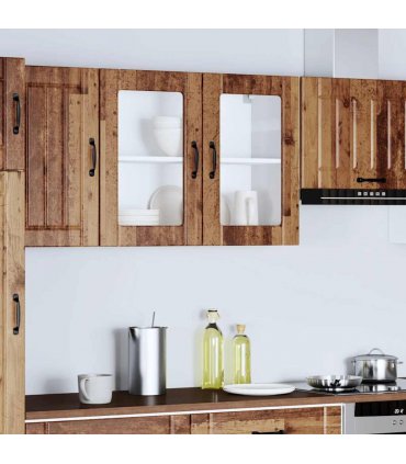 vidaXL Kitchen Wall Cabinet with Glass Door Lucca Old Wood Engin — Size: 80 x 31 x 60 cm, Model: 1x wall glass cabinet (2 doors)