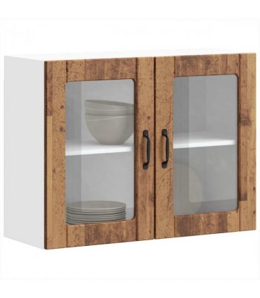 vidaXL Kitchen Wall Cabinet with Glass Door Lucca Old Wood Engin — Size: 80 x 31 x 60 cm, Model: 1x wall glass cabinet (2 doors)