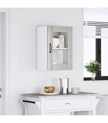 vidaXL Kitchen Wall Cabinet with Glass Door Lucca Concrete Grey — Size: 40 x 31 x 60 cm, Model: 1x wall glass cabinet (1 door)