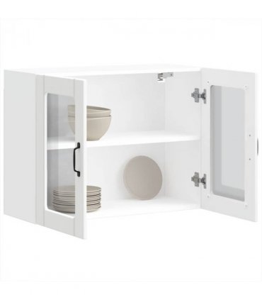 vidaXL Kitchen Wall Cabinet with Glass Door Lucca White Engineer — Size: 80 x 31 x 60 cm, Model: 1x wall glass cabinet (2 doors)