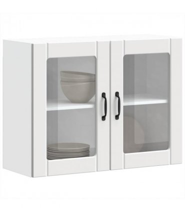 vidaXL Kitchen Wall Cabinet with Glass Door Lucca White Engineer — Size: 80 x 31 x 60 cm, Model: 1x wall glass cabinet (2 doors)