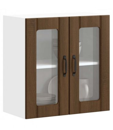 vidaXL Kitchen Wall Cabinet with Glass Door Lucca Brown Oak Engi — Size: 60 x 31 x 60 cm, Model: 1x wall glass cabinet (2 doors)