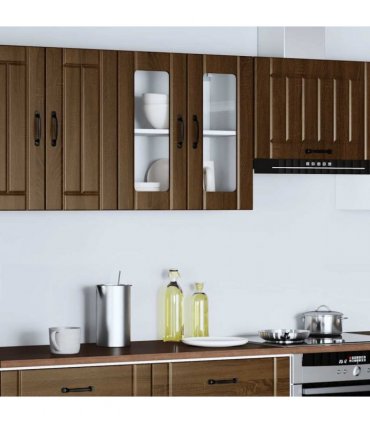 vidaXL Kitchen Wall Cabinet with Glass Door Lucca Brown Oak Engi — Size: 60 x 31 x 60 cm, Model: 1x wall glass cabinet (2 doors)