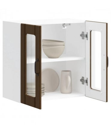 vidaXL Kitchen Wall Cabinet with Glass Door Lucca Brown Oak Engi — Size: 60 x 31 x 60 cm, Model: 1x wall glass cabinet (2 doors)