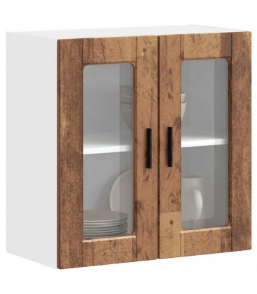 vidaXL Kitchen Wall Cabinet with Glass Door Porto Old Wood — Size: 60 x 31 x 60 cm, Model: 1x wall glass cabinet (2 doors)