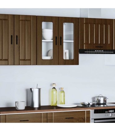 vidaXL Kitchen Wall Cabinet with Glass Door Porto Brown Oak — Size: 60 x 31 x 60 cm, Model: 1x wall glass cabinet (2 doors)