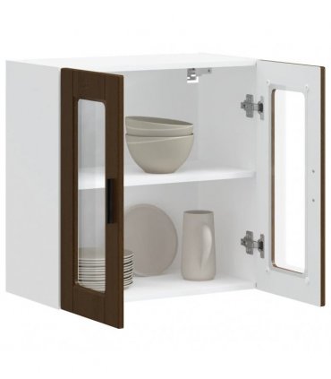 vidaXL Kitchen Wall Cabinet with Glass Door Porto Brown Oak — Size: 60 x 31 x 60 cm, Model: 1x wall glass cabinet (2 doors)