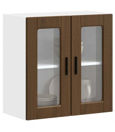 vidaXL Kitchen Wall Cabinet with Glass Door Porto Brown Oak — Size: 60 x 31 x 60 cm, Model: 1x wall glass cabinet (2 doors)