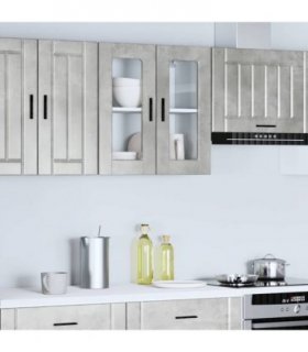 vidaXL Kitchen Wall Cabinet with Glass Door Porto Concrete Grey — Size: 60 x 31 x 60 cm, Model: 1x wall glass cabinet (2 doors)
