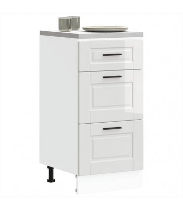 vidaXL Kitchen Base Cabinet "Porto" High Gloss White Engineered — Size: 40 x 46 x 81.5 cm, Model: 1x bottom cabinet (3 drawers)