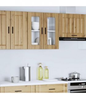 vidaXL Kitchen Wall Cabinet with Glass Door Porto Artisan Oak — Size: 60 x 31 x 60 cm, Model: 1x wall glass cabinet (2 doors)