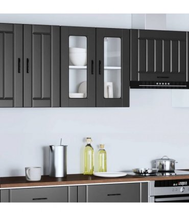 vidaXL Kitchen Wall Cabinet with Glass Door Porto Black — Size: 60 x 31 x 60 cm, Model: 1x wall glass cabinet (2 doors)