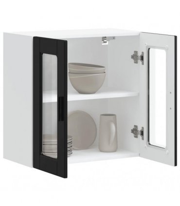 vidaXL Kitchen Wall Cabinet with Glass Door Porto Black — Size: 60 x 31 x 60 cm, Model: 1x wall glass cabinet (2 doors)
