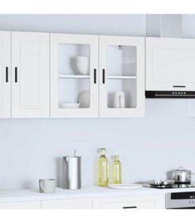 vidaXL Kitchen Wall Cabinet with Glass Door Porto White — Size: 80 x 31 x 60 cm, Model: 1x wall glass cabinet (2 doors)