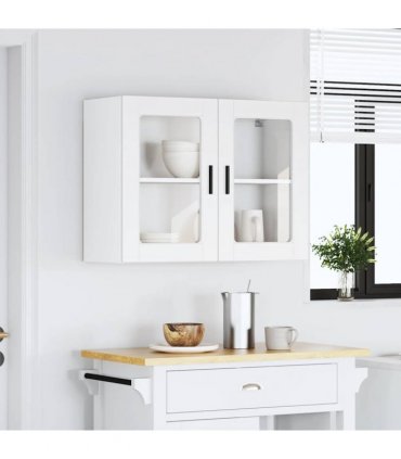 vidaXL Kitchen Wall Cabinet with Glass Door Porto White — Size: 80 x 31 x 60 cm, Model: 1x wall glass cabinet (2 doors)