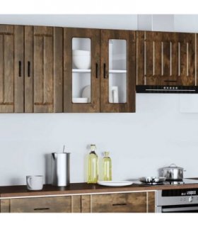 vidaXL Kitchen Wall Cabinet with Glass Door Porto Smoked Oak — Size: 60 x 31 x 60 cm, Model: 1x wall glass cabinet (2 doors)