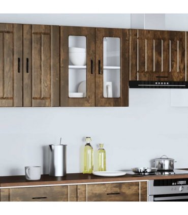 vidaXL Kitchen Wall Cabinet with Glass Door Porto Smoked Oak — Size: 60 x 31 x 60 cm, Model: 1x wall glass cabinet (2 doors)