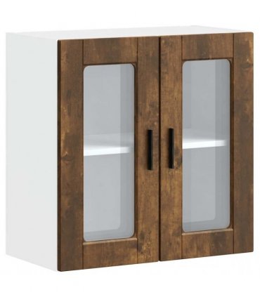 vidaXL Kitchen Wall Cabinet with Glass Door Porto Smoked Oak — Size: 60 x 31 x 60 cm, Model: 1x wall glass cabinet (2 doors)