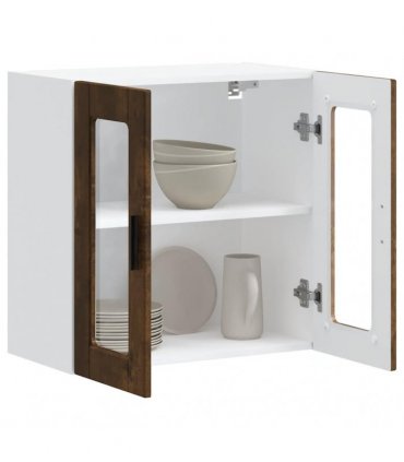 vidaXL Kitchen Wall Cabinet with Glass Door Porto Smoked Oak — Size: 60 x 31 x 60 cm, Model: 1x wall glass cabinet (2 doors)