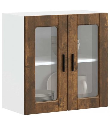 vidaXL Kitchen Wall Cabinet with Glass Door Porto Smoked Oak — Size: 60 x 31 x 60 cm, Model: 1x wall glass cabinet (2 doors)