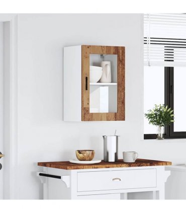 vidaXL Kitchen Wall Cabinet with Glass Door Porto Old Wood — Size: 40 x 31 x 60 cm, Model: 1x wall glass cabinet (1 door)