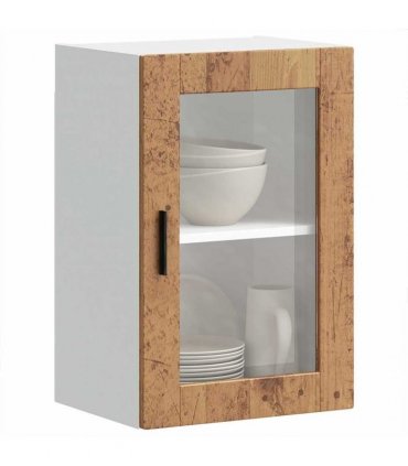 vidaXL Kitchen Wall Cabinet with Glass Door Porto Old Wood — Size: 40 x 31 x 60 cm, Model: 1x wall glass cabinet (1 door)
