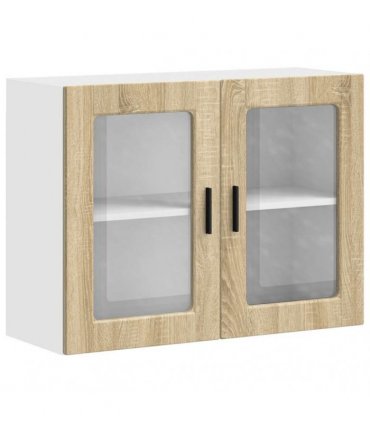 vidaXL Kitchen Wall Cabinet with Glass Door Porto Sonoma Oak — Size: 80 x 31 x 60 cm, Model: 1x wall glass cabinet (2 doors)