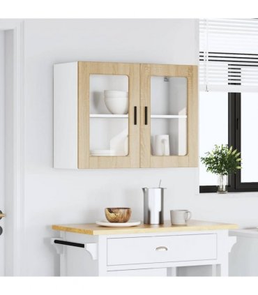 vidaXL Kitchen Wall Cabinet with Glass Door Porto Sonoma Oak — Size: 80 x 31 x 60 cm, Model: 1x wall glass cabinet (2 doors)
