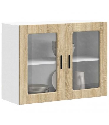 vidaXL Kitchen Wall Cabinet with Glass Door Porto Sonoma Oak — Size: 80 x 31 x 60 cm, Model: 1x wall glass cabinet (2 doors)