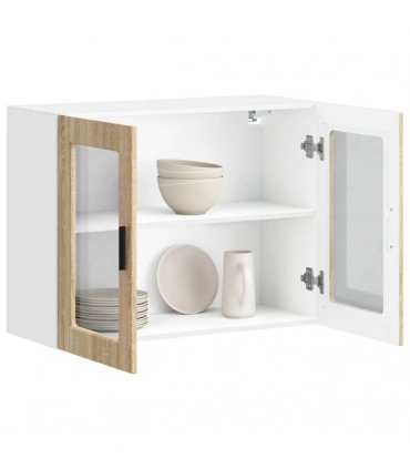 vidaXL Kitchen Wall Cabinet with Glass Door Porto Sonoma Oak — Size: 80 x 31 x 60 cm, Model: 1x wall glass cabinet (2 doors)