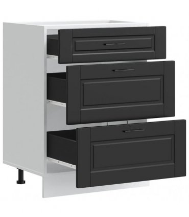 vidaXL Kitchen Base Cabinet "Porto" Black Engineered Wood — Size: 60 x 46 x 81.5 cm, Model: 1x bottom cabinet (3 drawers)