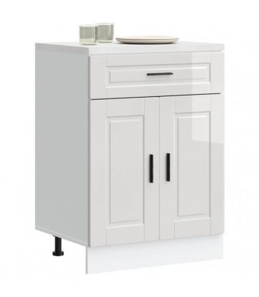 vidaXL Kitchen Base Cabinet Porto High Gloss White Engine — Size: 60 x 46 x 81.5 cm, Model: 1x bottom cabinet (2 doors 1 drawer)