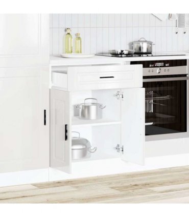vidaXL Kitchen Base Cabinet Porto High Gloss White Engine — Size: 60 x 46 x 81.5 cm, Model: 1x bottom cabinet (2 doors 1 drawer)