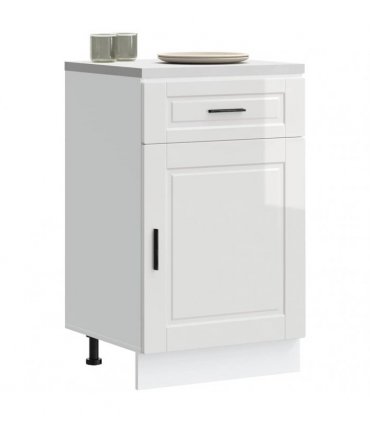 vidaXL Kitchen Base Cabinet Porto High Gloss White Enginee — Size: 50 x 46 x 81.5 cm, Model: 1x bottom cabinet (1 door 1 drawer)