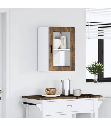 vidaXL Kitchen Wall Cabinet with Glass Door Porto Smoked Oak — Size: 40 x 31 x 60 cm, Model: 1x wall glass cabinet (1 door)