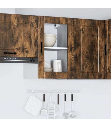 vidaXL Kitchen Wall Cabinet with Glass Door Porto Smoked Oak — Size: 40 x 31 x 60 cm, Model: 1x wall glass cabinet (1 door)
