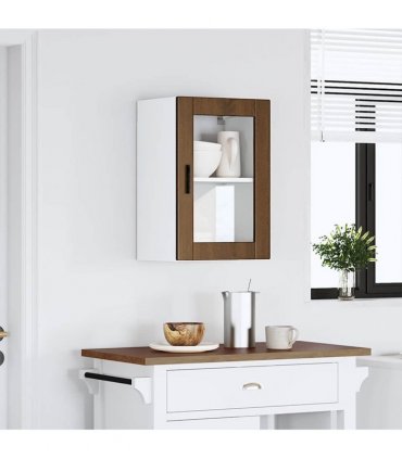 vidaXL Kitchen Wall Cabinet with Glass Door Porto Brown Oak — Size: 40 x 31 x 60 cm, Model: 1x wall glass cabinet (1 door)