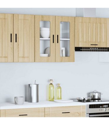 vidaXL Kitchen Wall Cabinet with Glass Door Porto Sonoma Oak — Size: 60 x 31 x 60 cm, Model: 1x wall glass cabinet (2 doors)