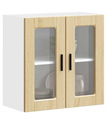 vidaXL Kitchen Wall Cabinet with Glass Door Porto Sonoma Oak — Size: 60 x 31 x 60 cm, Model: 1x wall glass cabinet (2 doors)