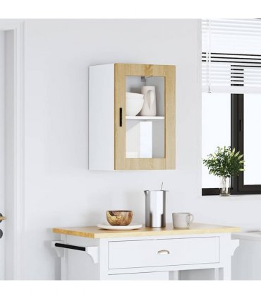 vidaXL Kitchen Wall Cabinet with Glass Door Porto Sonoma Oak — Size: 40 x 31 x 60 cm, Model: 1x wall glass cabinet (1 door)