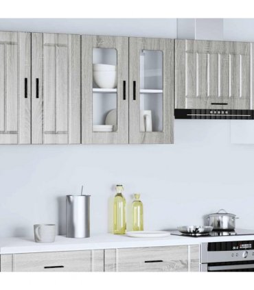 vidaXL Kitchen Wall Cabinet with Glass Door Porto Grey Sonoma — Size: 60 x 31 x 60 cm, Model: 1x wall glass cabinet (2 doors)
