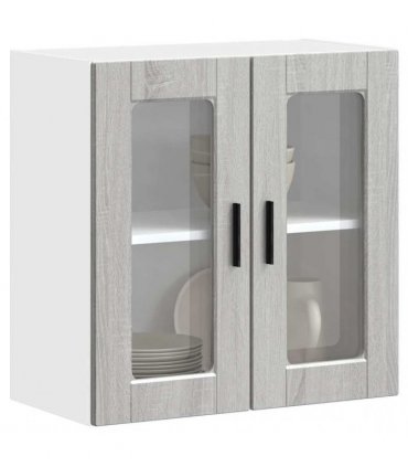vidaXL Kitchen Wall Cabinet with Glass Door Porto Grey Sonoma — Size: 60 x 31 x 60 cm, Model: 1x wall glass cabinet (2 doors)