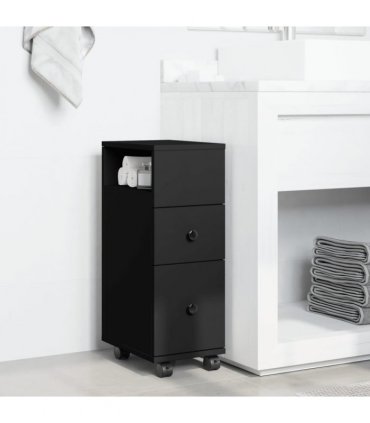 vidaXL Narrow Bathroom Cabinet with Wheels Black Engineered Wood